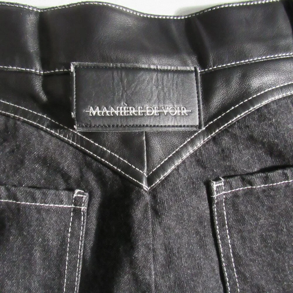 Maniere De Voir Heart Vegan Leather Pants - Black Denim Patchwork Size 8 - Picture 2 of 4